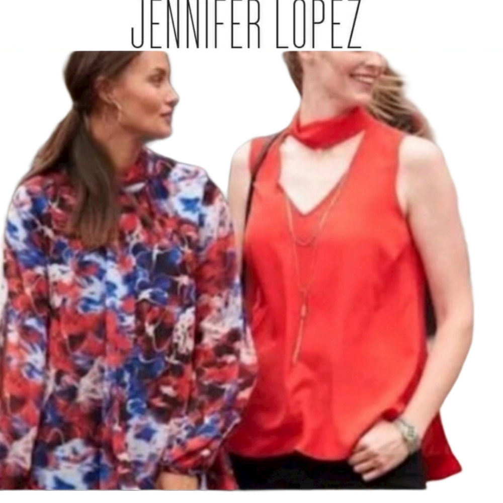 Jennifer Lopez red neck tie side slit sheer top 3X